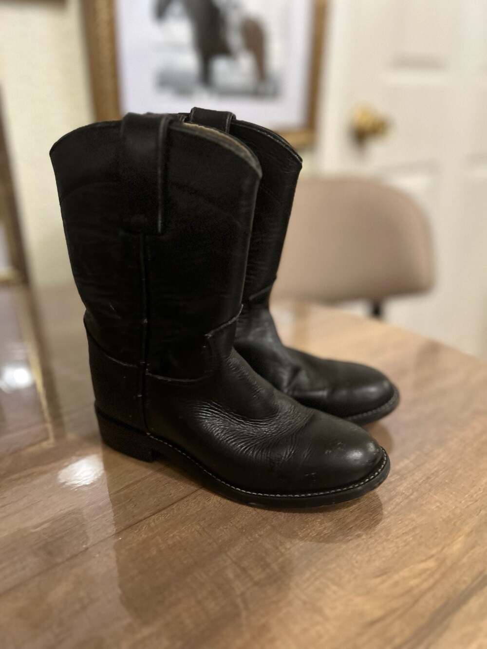 Justin Black Leather Toddler Roper Cowboy Boots Size 10.5D Style 37020